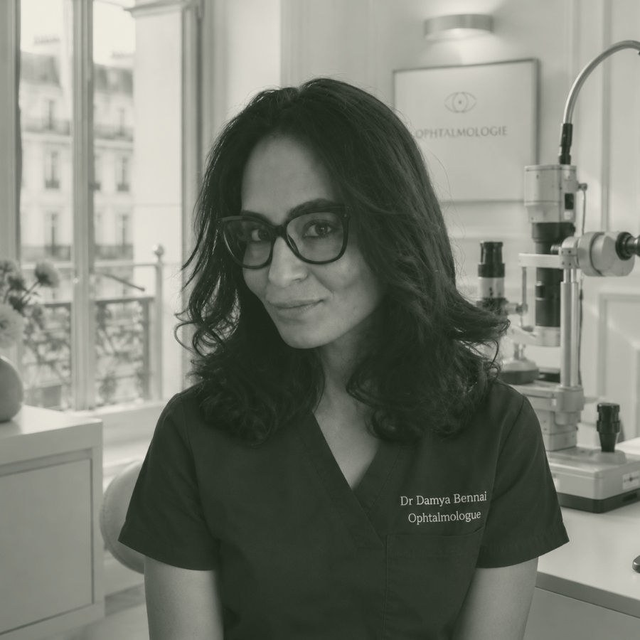Portrait du Docteur Damya Bennai, médecin ophtalmologue, dans son cabinet de Paris 17ᵉ